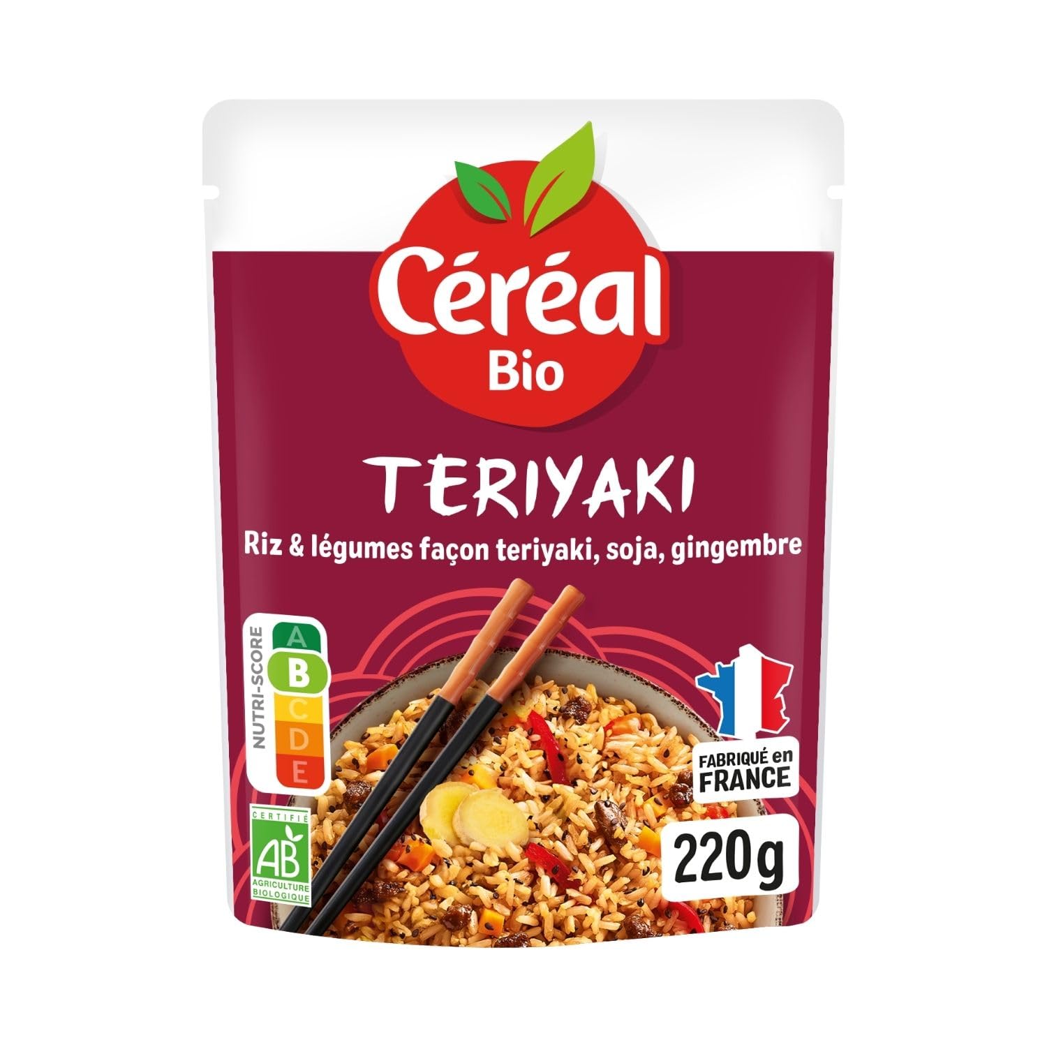 CÉRÉAL BIO – Riz Teriyaki Végétarien Bio – Riz Légumes Sauce Soja & Gingembre – Plat Cuisiné Bio Individuel – Repas Prêt à Réchauffer en 2 min – Saveurs Asiatiques – Nutriscore A – 220 g