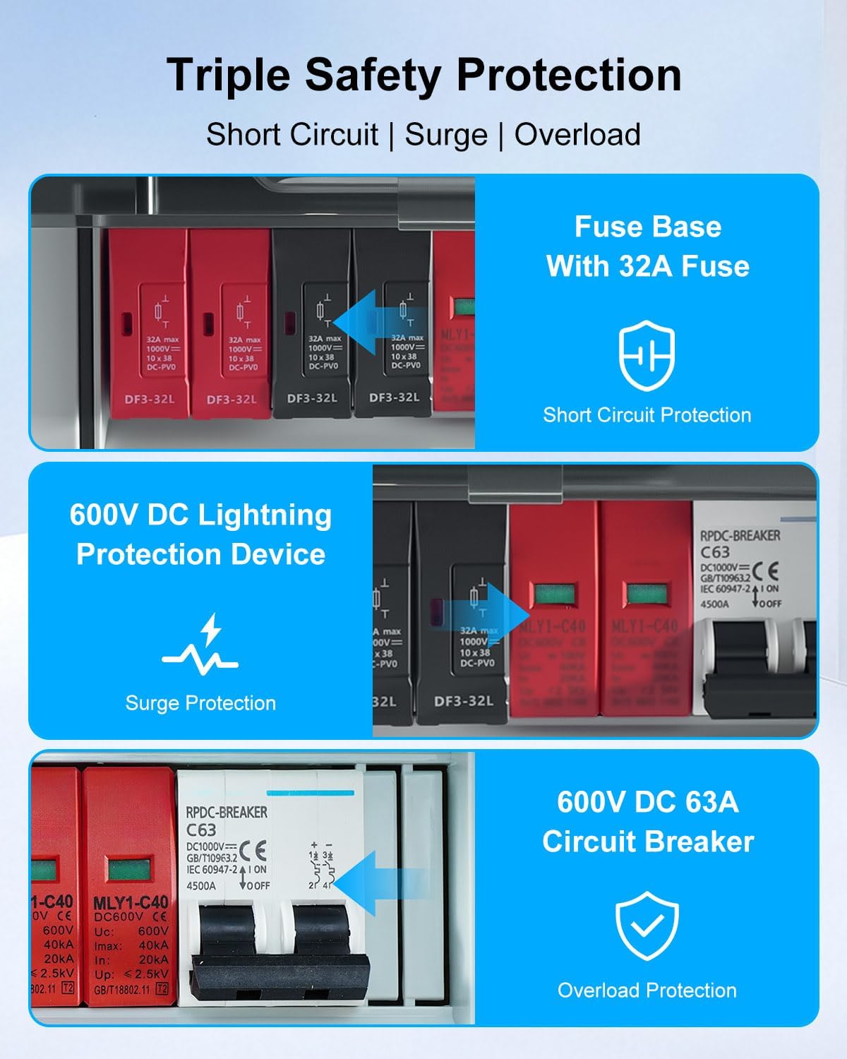 600V Solar DC PV Combiner Box, 2 String with Lightning Arrester Connector for On/Off Grid Solar Panel System, 2 Input 2 Out 32A Fuse, 63A Circuit Breaker, Waterproof ABS Enclosure