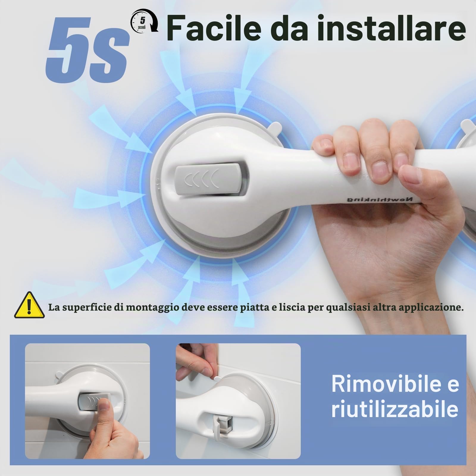 Newthinking Maniglie Ventosa da Bagno 30cm, Doccia Anziani Maniglia con Ventosa, Maniglione Ventosa Bagno per Anziani Disabili, 1 Pezzi