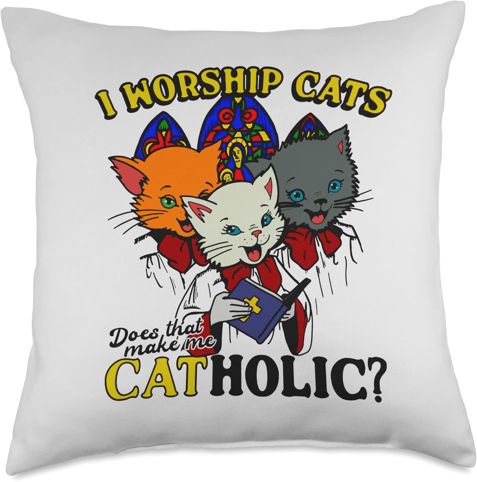 I Worship Cats Does That Make Me Cat-holic Apparel I Worship Make Me Cat-Holic Funny Pun Kitten Throw Pillow, 18x18, Multicolor