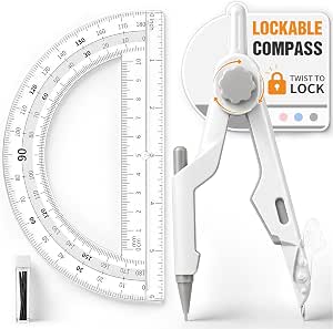 Sooez Lockable Compass and Protractor Set, Metal Drawing Tool