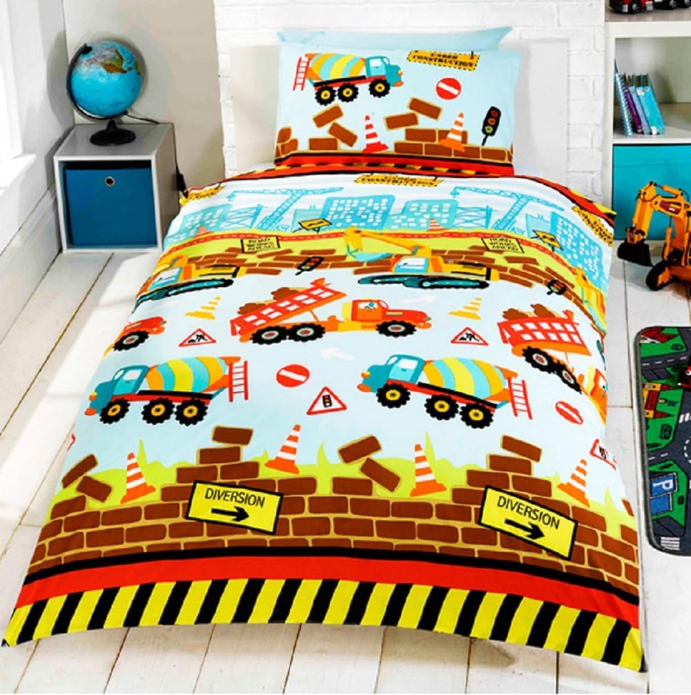 Under Construction Children's Rotary Single Duvet Quilt and Pillow Case Bedding Set