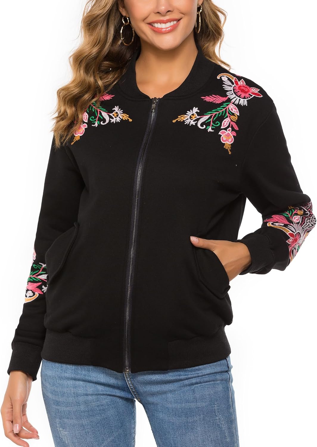 Bohemian Embroidered Jacket for Women Mexican Floral Full Zip Long Sleeve Coat Fall Winter Warm Hoodie