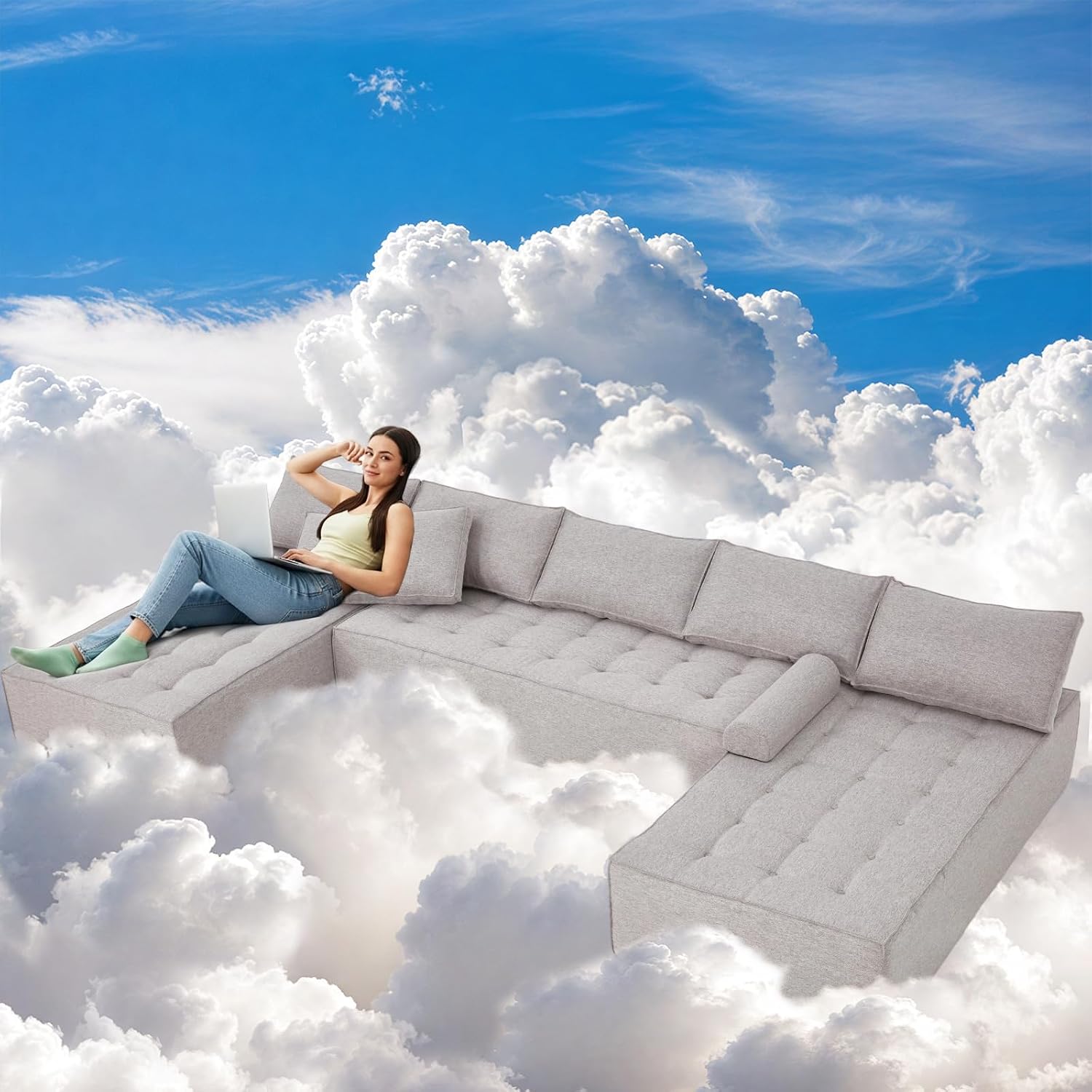HOMREST 155” Large Modular Sectional Sofa, U Shaped Modular Couch, Deep Seat Cloud Sectional Sofa, Boneless Foam Sectional, Low Profile No Assembly Sofa for Living Room & Family Room (Grey)