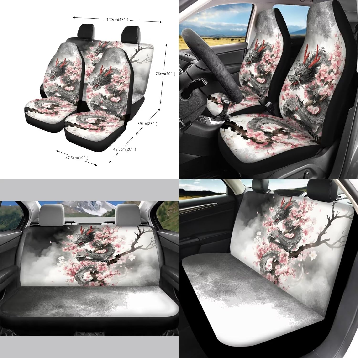 Cool Dragon Cherry Blossom Print Car Accessories Car Seat Covers Full Set with Steering Wheel Covers+Seat Belt Pads+Coasters+Keychain+Lipstick Holder Universal Fit 13 Pack