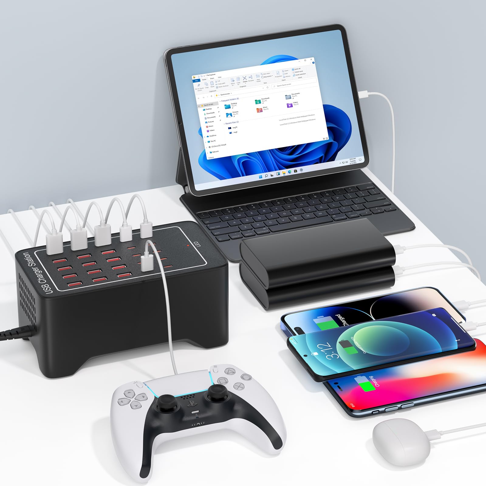 Bloque de carga USB C, 125 W (25 A) 25 puertos (15 puertos USB A y 10 puertos USB C) estación de carga USB, cargador de pared USB de escritorio compatible con iPhone, iPad, tabletas, teléfonos