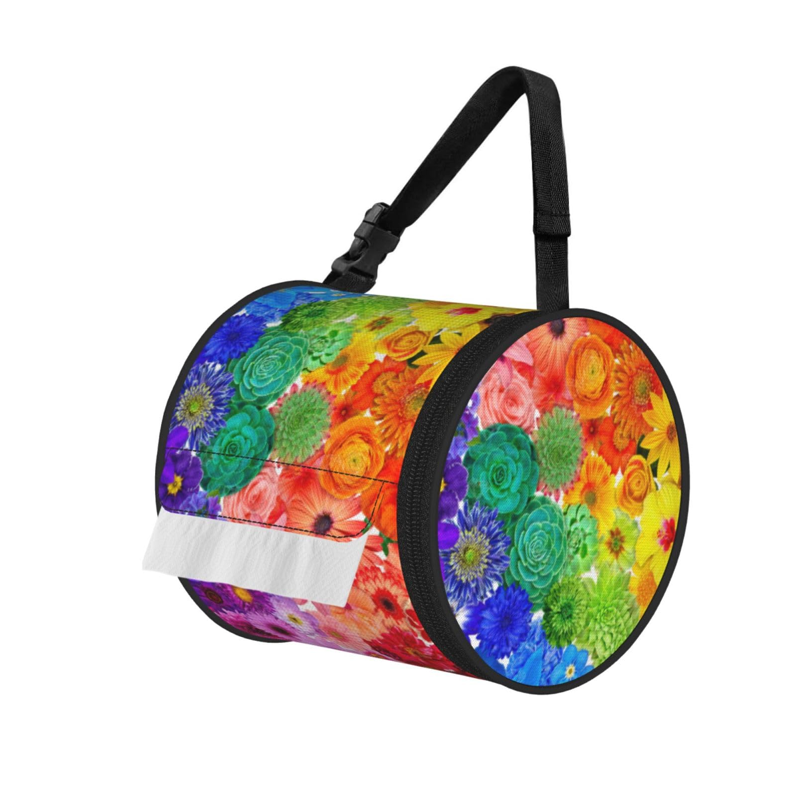 Rainbow Flowers Printed Toilet Paper Holder Bag, Adjustable Strap Roll Paper Organizer for Car Kitchen Outdoor