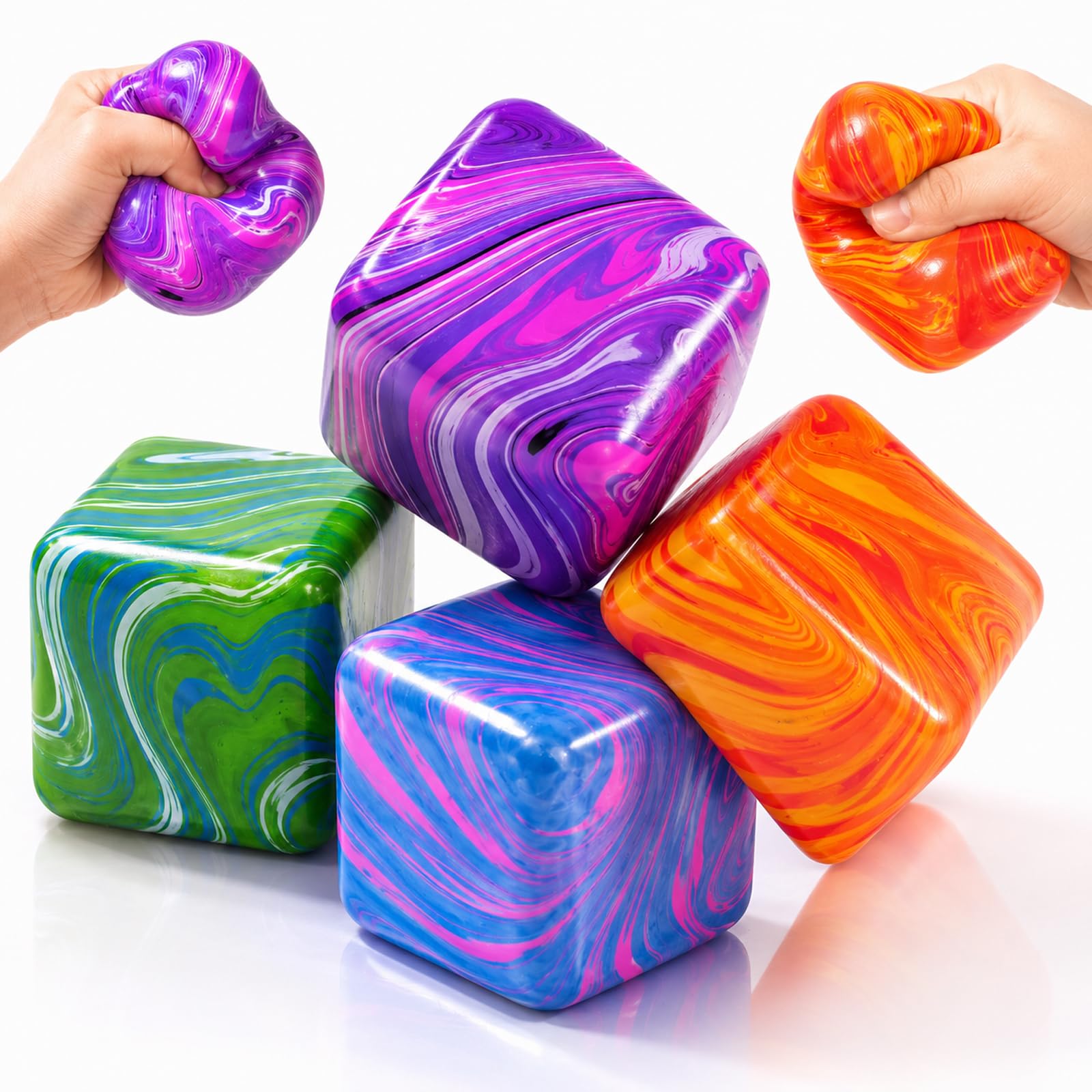4 Pack Soft Slow-Rising Squishy Cube, Ice Cube Fidget Toys for Kids and Adults, Squeeze Doh Sensory Stress Balls (4 Assorted Colors)