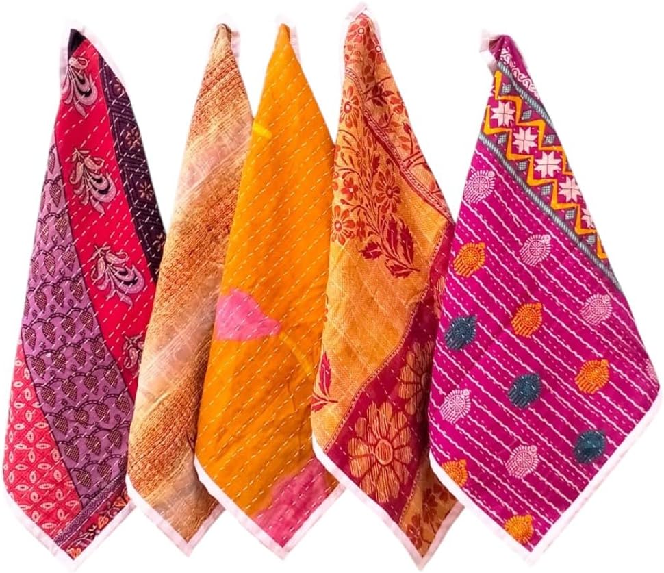 KRIDHI Collection Set of 5 Pcs Handmade Cotton Kitchen Towel Set Vintage Kantha Quilted Tea Dish Towel for Kitchen .Cafe, Hotel, Restaurant Multicolor (Size-16x20 inch)