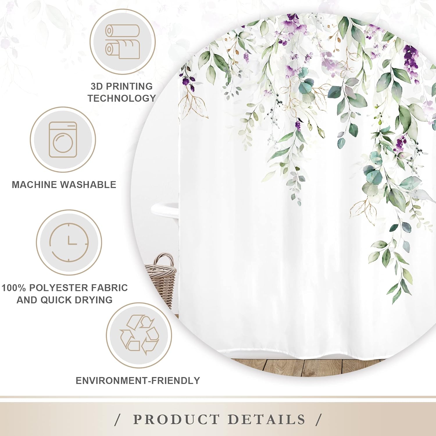 Glawry Green Eucalyptus Lavender Shower Curtain 60Wx72L Inches Watercolor Purple Floral Leaf Botanical Bathroom Plants Lilac Spring Summer Nature Bath Accessories Art Home Decor Fabric 12 Pack Hooks