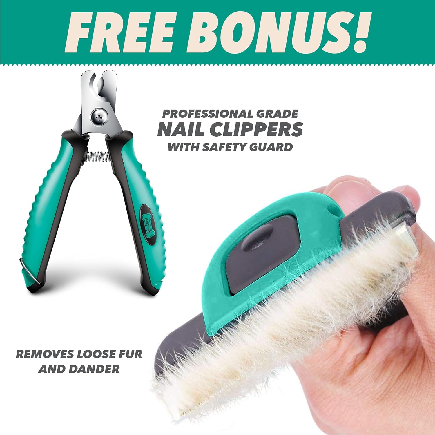 Ruff 'n Ruffus Deshedding Brush + Free Bonus Nail Clippers | Reduces Shedding by up to 95% | Pet Brush for All Breeds | Shedding Brush for Cats and Dogs | Non-Slip Grip with Detachable Head Design