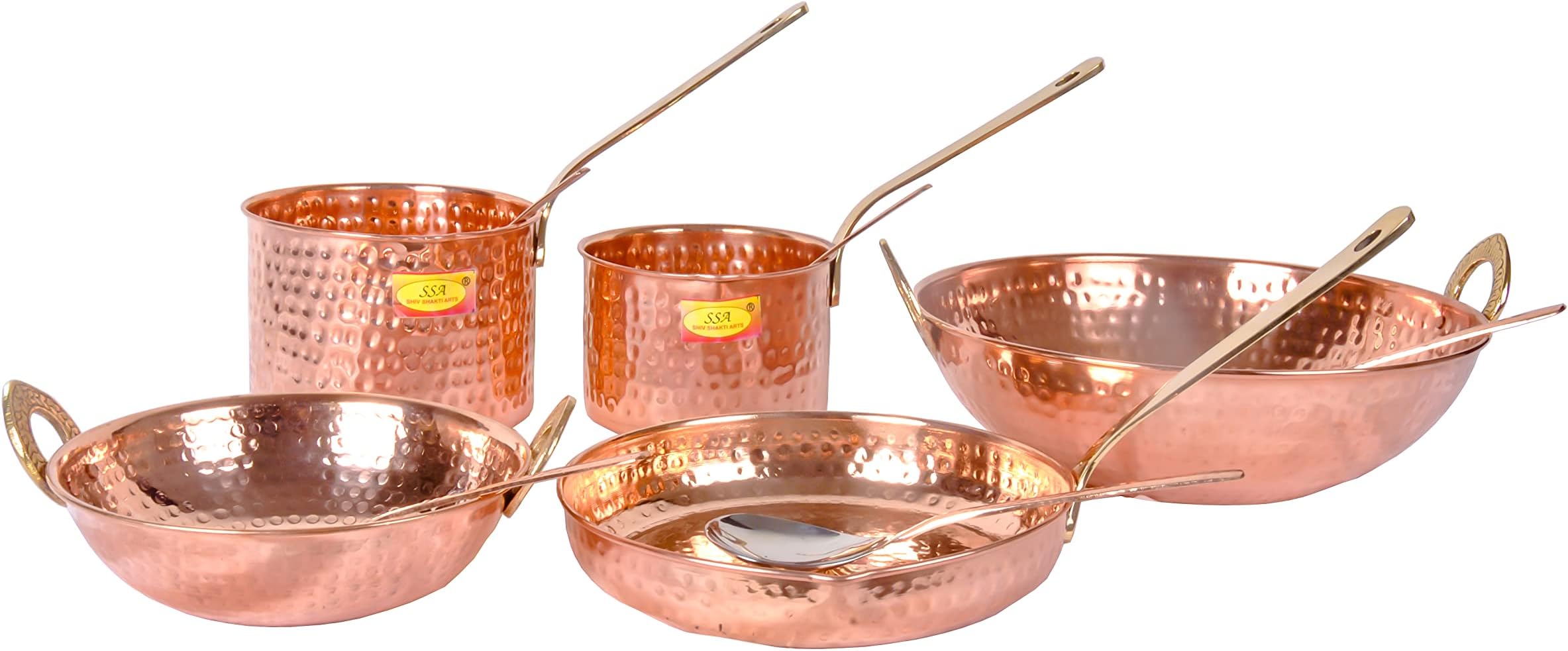 Shiv Shakti Arts® Pure Copper Cookware Set 10 Piece With Serving Spoon (Copper Sauce Pan | Kadhai Fry Pan) Brass Handle For Cooking Purpose