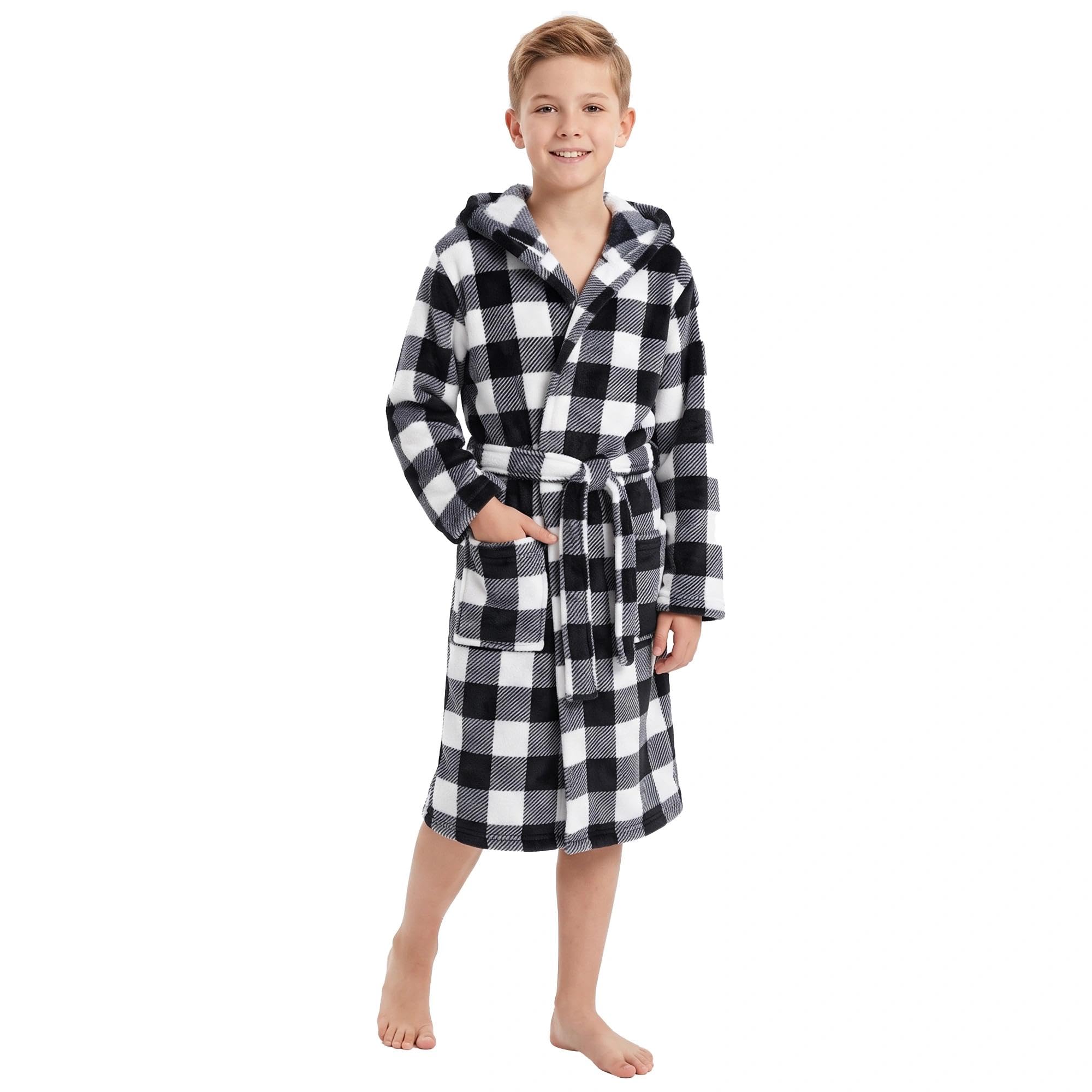 V.&amp;GRIN Boys Fleece Hooded Robe, Soft Print Bathrobe Kids 5-14(Black Plaid11-12)