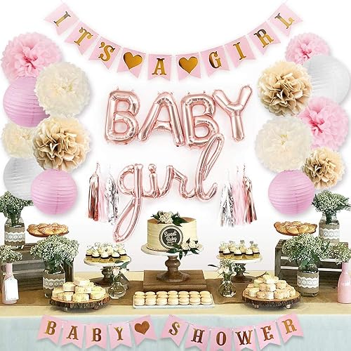 Miniatura 1 de Sweet Baby Co. Juego de decoración para Baby Shower, cartel con texto en inglés "It's a Girl", globos de letras (baby girl), pompones de flores,