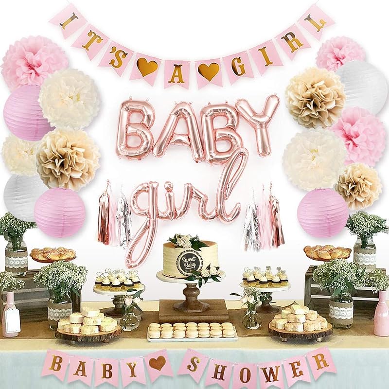 Sweet Baby Co. Decoraciones rosas para baby shower: pancarta "It's A Girl", globos con letras para niña, pompones de flores, linternas de papel, borlas (oro rosa, rosa, marfil, juego de espolvoreados blancos)