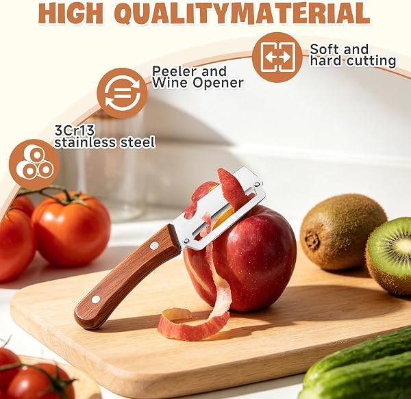 Set of 2 Multifunctional Professional Kitchen Peeler, 2 in 1, Multifunctional Stainless Steel Peeler, Wooden Handle and Bottle Opener, Steel Peeler for Potatoes, Fruits and Vegetables - 5