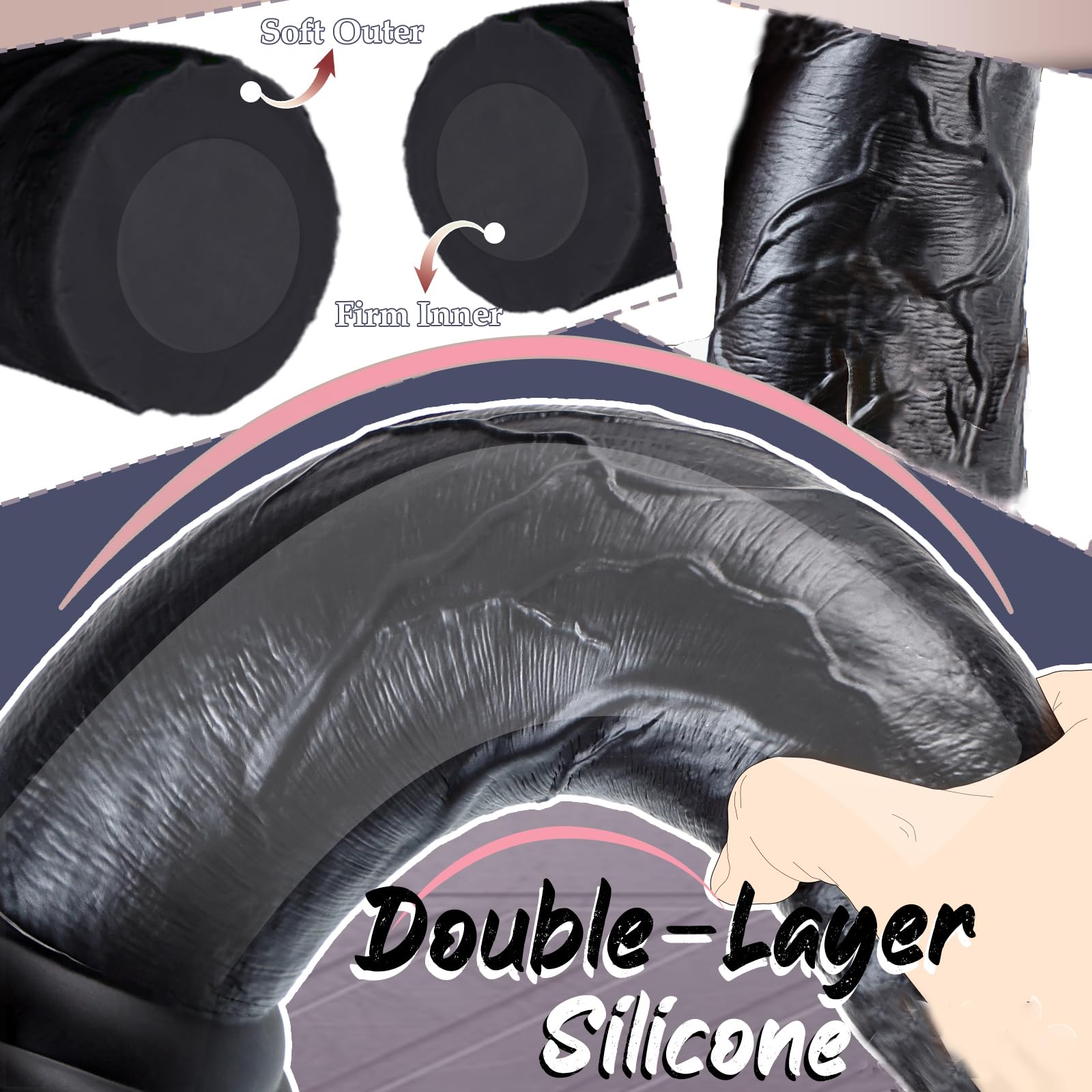7,4 cm Diametro Dildo Gigante in Silicone A Doppia Densità, 30 cm Dildo Gigante Nero Spesso, Sex Toy con Asta Dritta e Potenti Ventose per Uomini e Donne Adulti