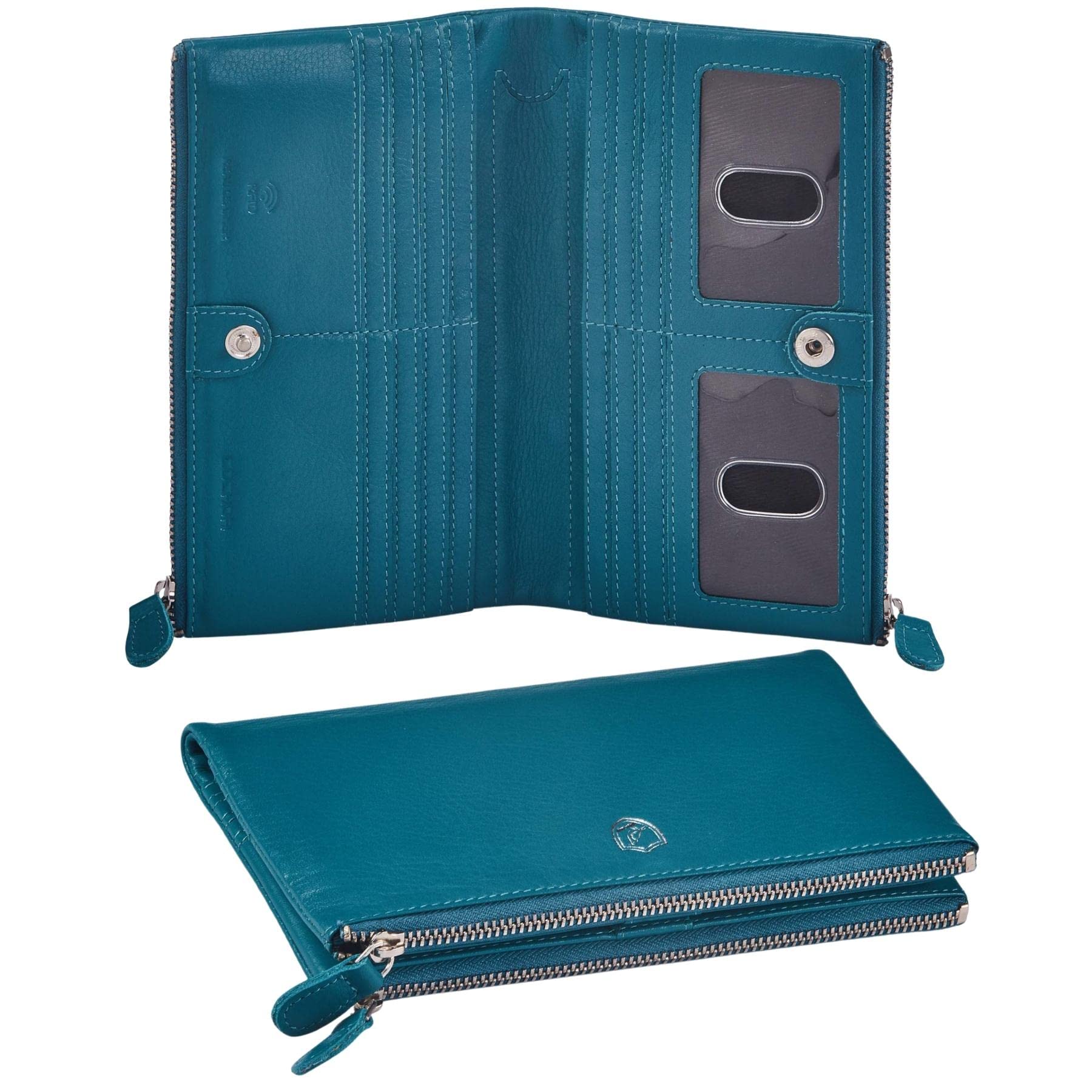 Women Wallet Real Leather Bifold RFID Blocking Clutch Multi Card Case Organiser Pen Mobile Holder Double Zip Compartment pocket with 2 ID Window in