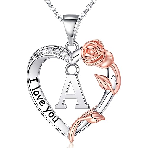 Mothers Day Gifts - Rose Heart Necklaces Gifts for Women Girls, I Love You Rose Love Heart Initial Letter Pendant Necklace Jewelry Mothers Day Valentines Birthday Christmas Gifts for Women Mom Wife