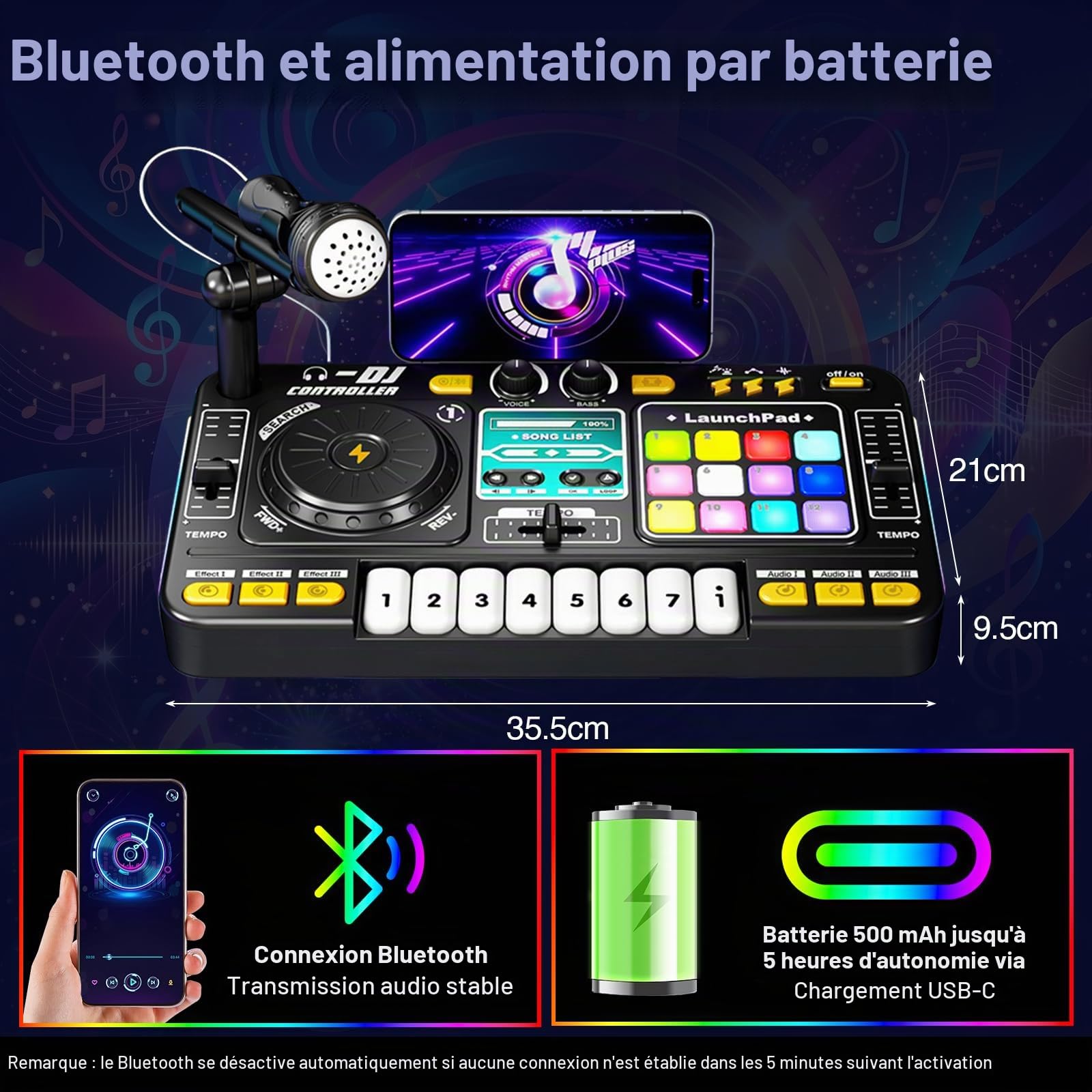 Table de mixage DJ multifonctionnelle pour enfants, avec microphone, plus de 100 effets sonores, batterie, contrôleur d'apprentissage de la musique interactif avec effets lumineux pour enfants de 3 à