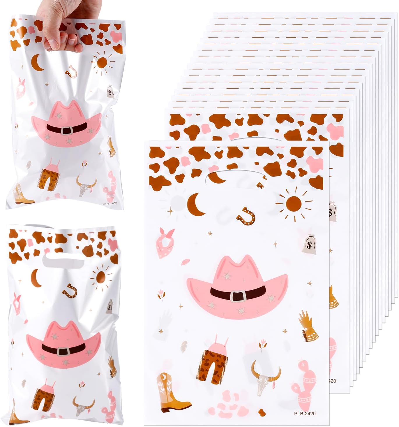 50Pcs Cow Goodie Bags, Plastic Pink Cow Party Favor Bags with Handles Western Candy Birthday Party Gift Treat for Western Theme Wrappers Supplies