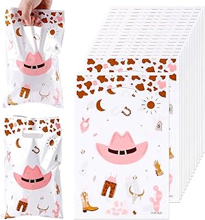 50Pcs Cowboy Goodie Bags, Plastic Pink Cowboy Party Favor Bags with Handles Western Candy Bags Birthday Party Cowgirl Gift Treat Bags for Kids Western Theme Party Wrappers Supplies