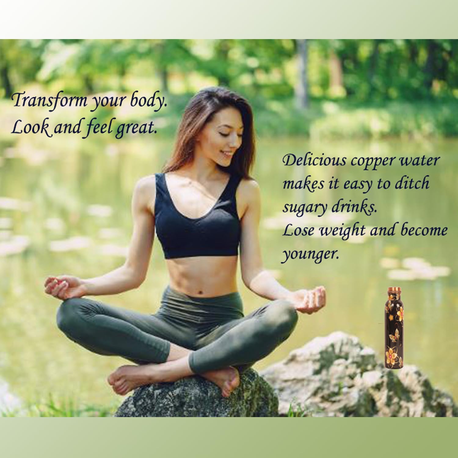 Pure Copper Water Bottle - Handcrafted - Ayurveda health benefits - Large 35 oz - Leak proof - Easy to carry for Sports, Fitness, Yoga, School - Black Base Floral Textured Colorful Enamel - Image 2