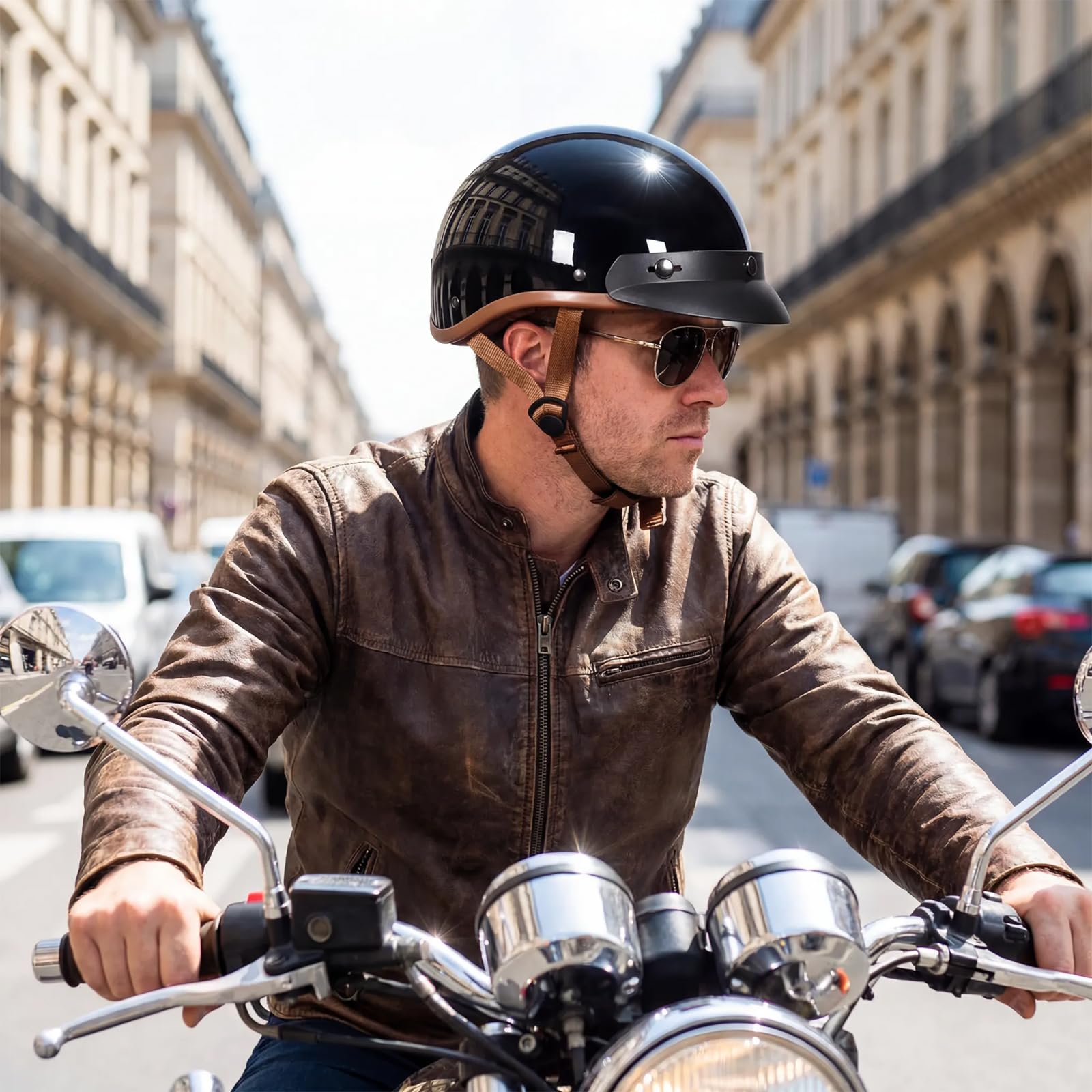 Kask motocyklowy retro Harley dla dorosłych, na skuter, stylowy półotwarty kask z okularami, otwarta twarz, kask zderzeniowy do motoroweru cruiser Vespa (czarny w paski z okularami)