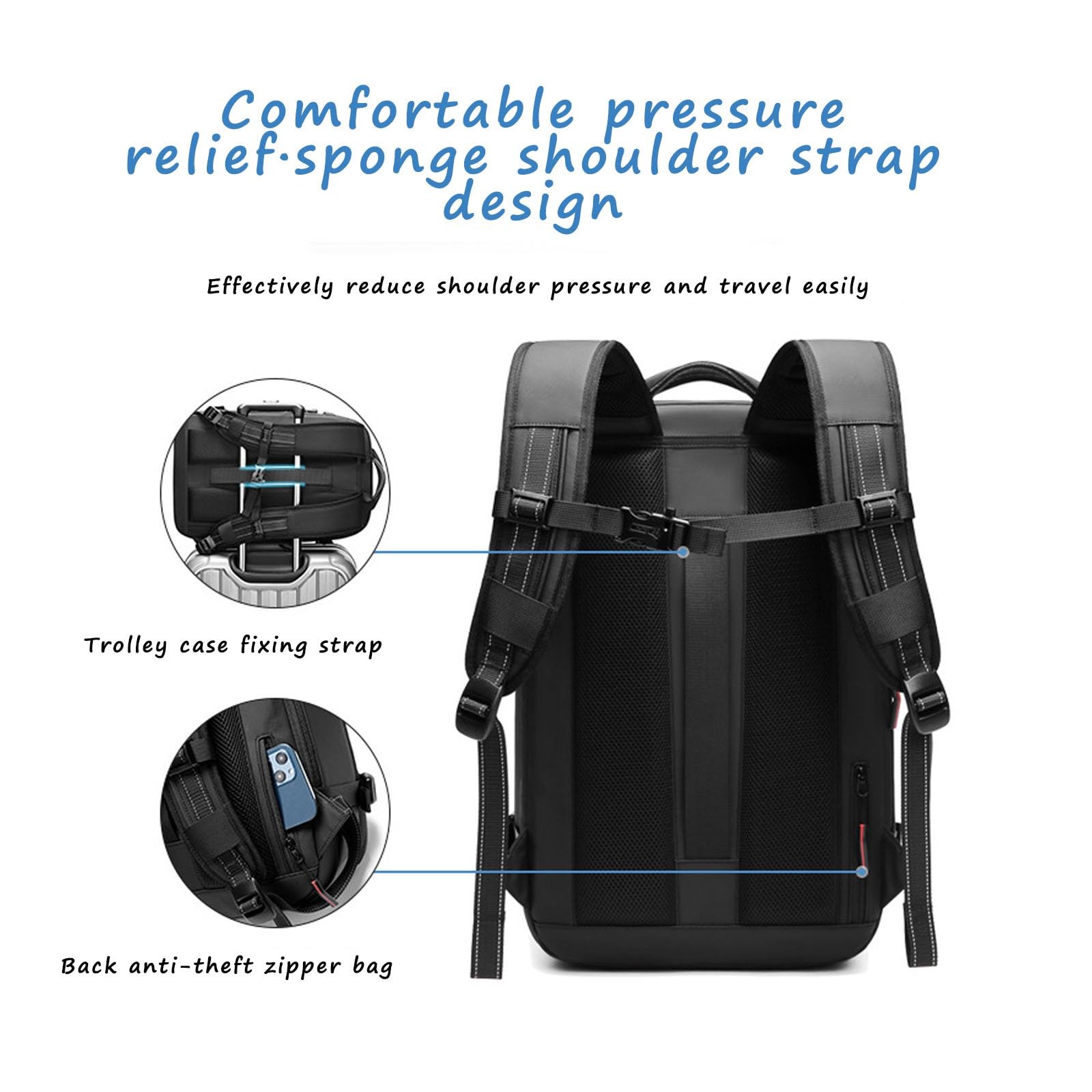 Sac à Dos Extensible 60 L avec Compression Sous Vide, Résistant à L'eau, Antivol, Sac à Dos de Voyage sous Vide Vacpack de Seymal (Noir, 19.3 * 12.6 * 5.9 inches)