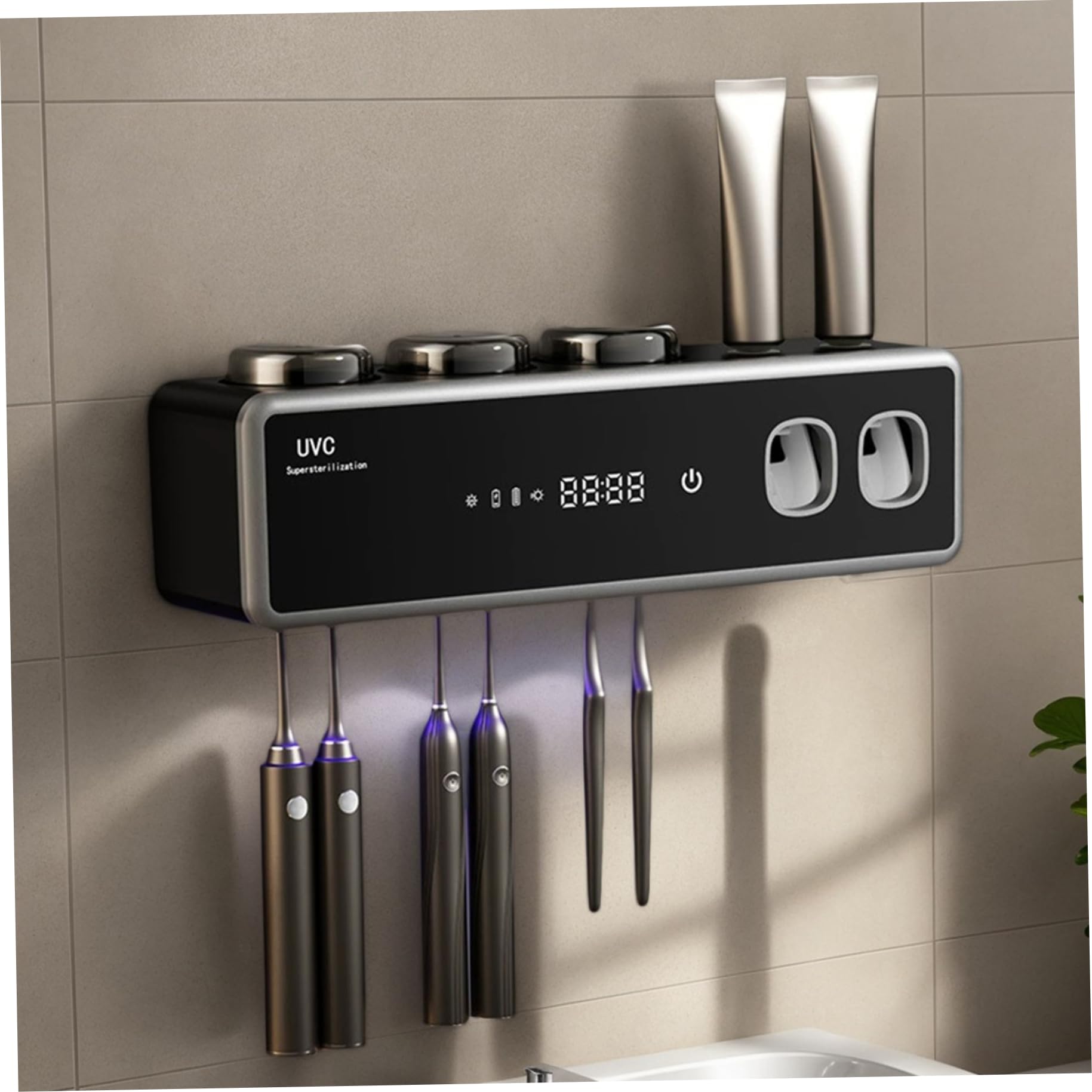 Soporte Inteligente para Cepillo de Dientes con esterilización UV, dispensador automático de Pasta de Dientes y función de Secado, montado en la Pared (Negro)