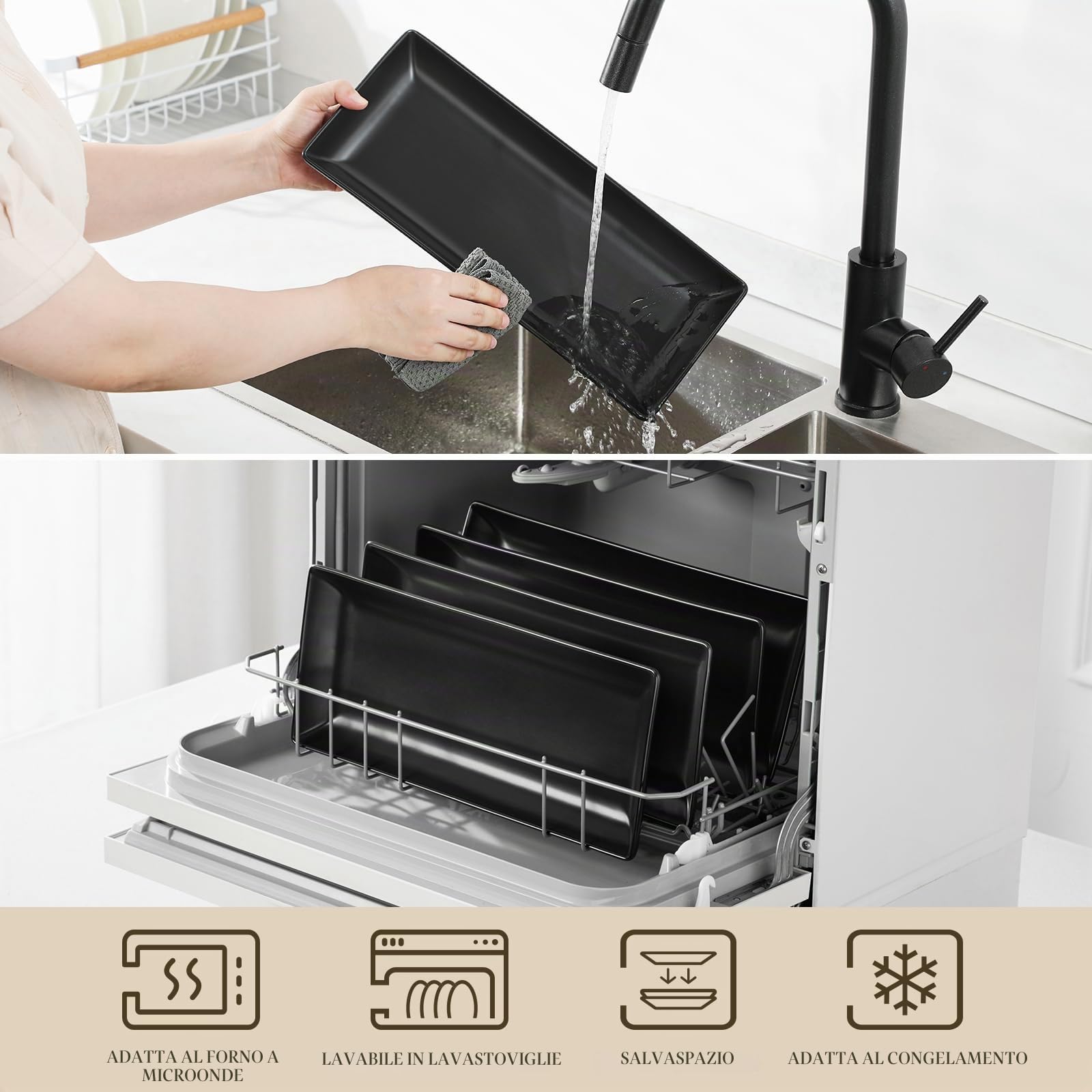 MALACASA Piatti da Portata in Porcellana 36 x 15,3 x 3,6 cm, Set di 4 Pezzi, Piatti da Portata Rettangolari Grandi per Buffet, Sushi, Torte, Antipasti a Casa, Feste o al Ristorante, Nero Opaco