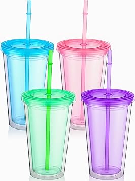 Nuogo 4 Pcs 16oz Tumblers with Lids and Straws Double Wall, Bright Colors