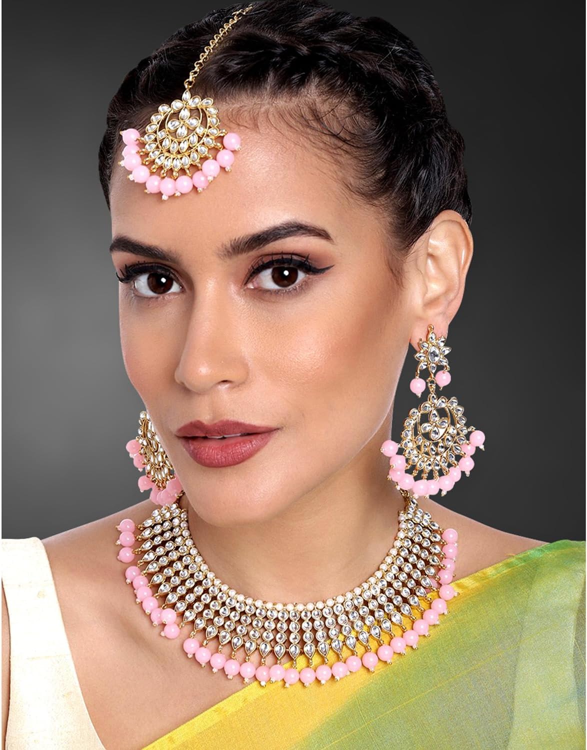 Aheli Indian Blue Color Beaded Necklace Dangle Earrings Maang Tikka Indian Bollywood Style Fashion Ethnic Bharatanatyam jewellery set Gift for Women - Image 2