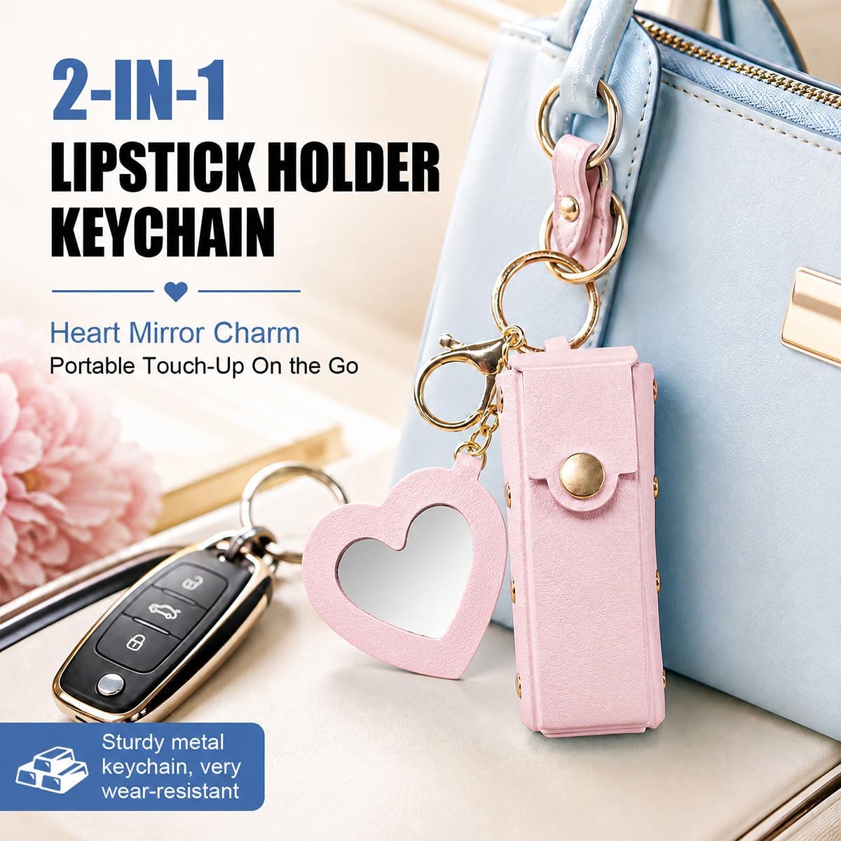 Lipstick Holder Keychain with Makeup Mirror, PU Leather Lipgloss Organizer Case, Mini Lip Balm Storage Holder(Pink) image 4