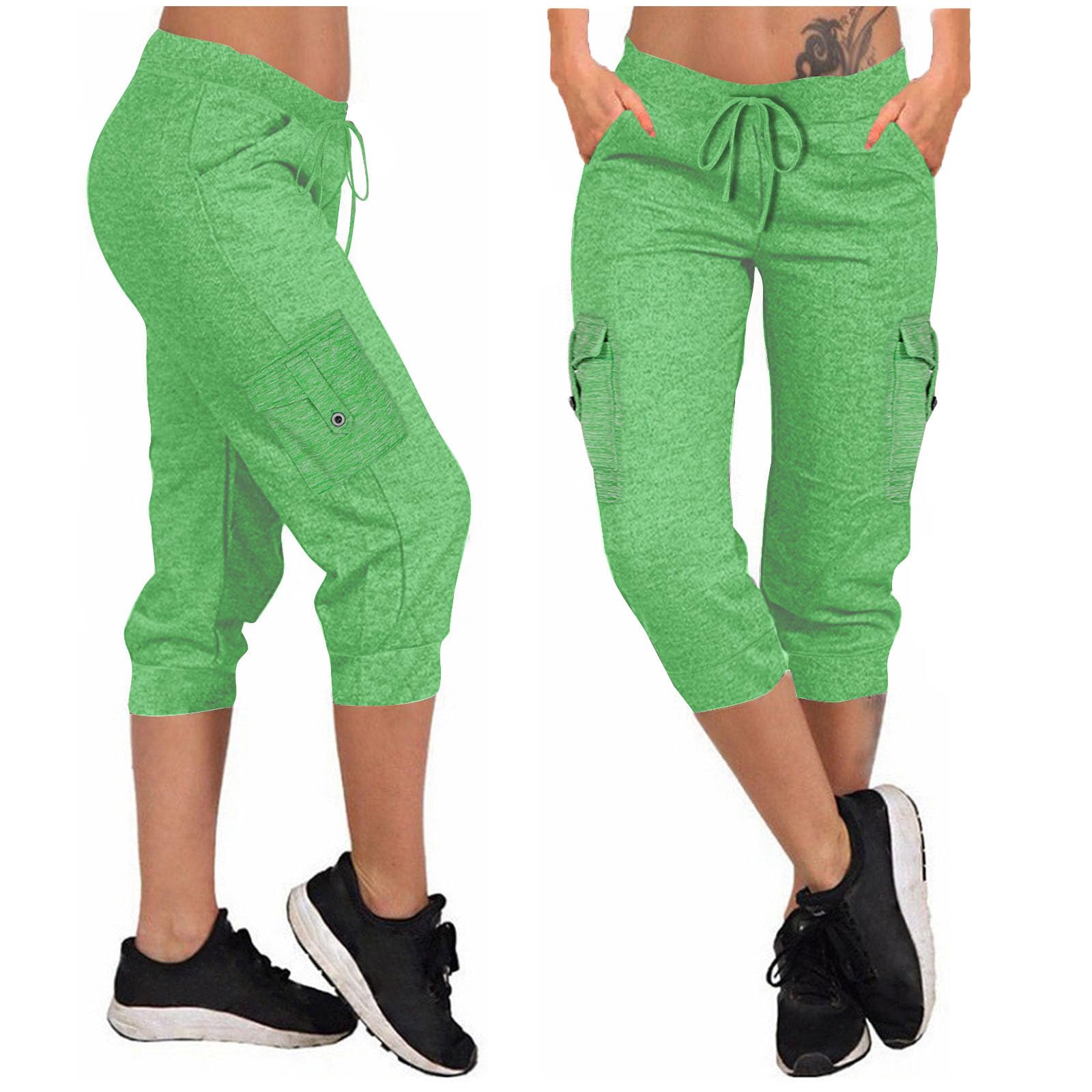 Cargo Capri Pants Women Casual Summer Cropped Joggers Capris Leggings w Pockets Elastic Waist Drawstring Sweatpants