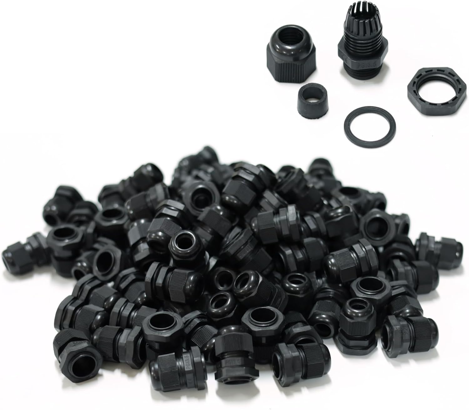 100 pcs PG13.5 Waterproof Cable Gland Connector Black Adjustable IP68 M20 Plastic Cable Gland with Locknut Rubber Ring for 6-12mm Wire