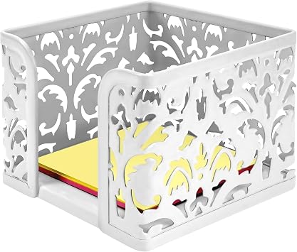 Note Cube Holder for Desk - Flowering, Metal Stationery Paper Organizer, Post Memo Box Carving Design for 3 x 3 Notebook, Desktop Paper Tray for School/Office White