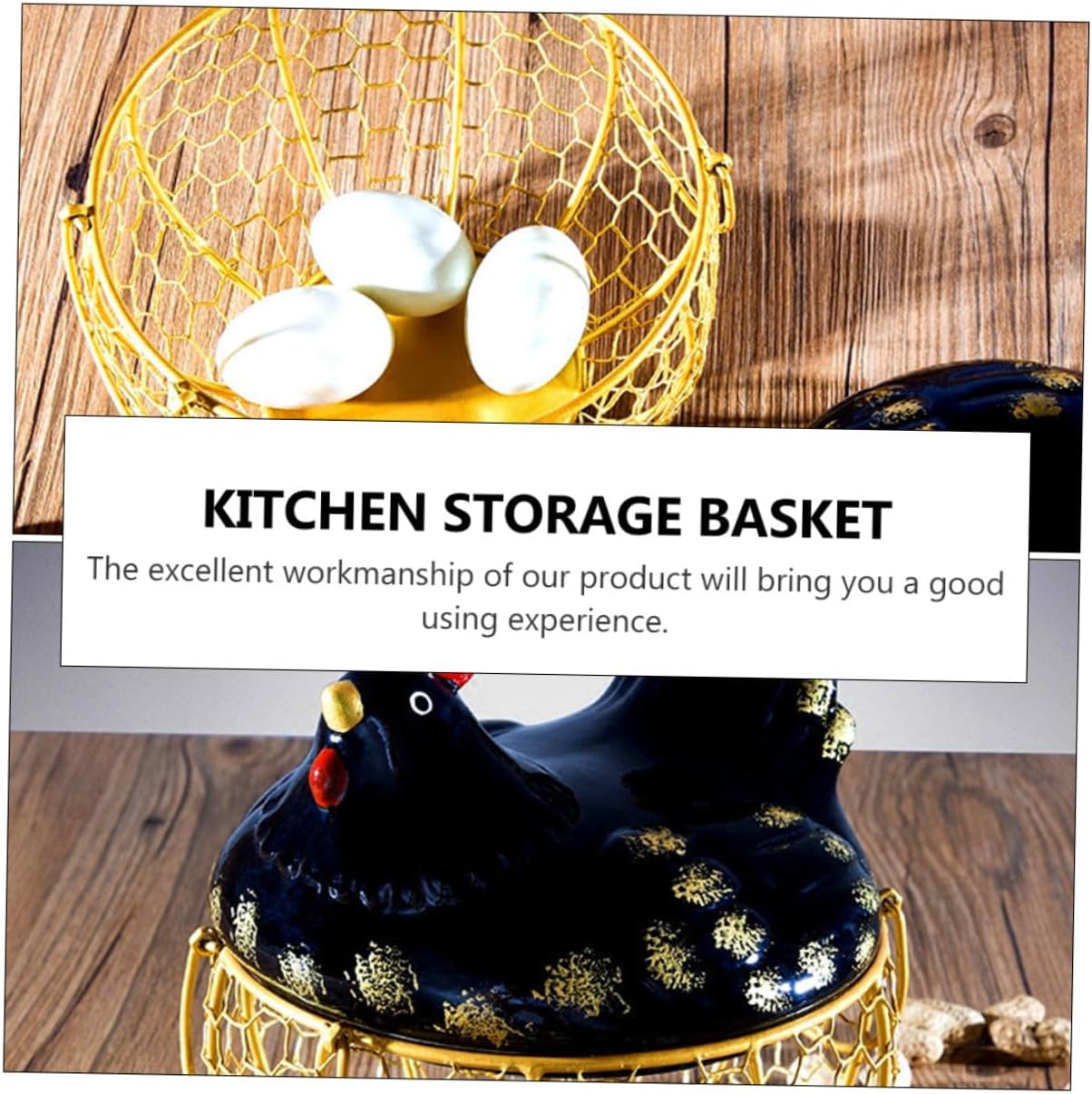 Farmhouse Iron Egg Basket with Lid, Black and Gold Food Storage Container, Kitchen Egg Holder and Organizer for Countertop and Home Use