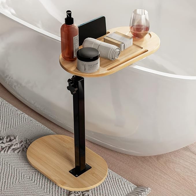 Yumkfoi Bamboo Bathtub Tray Table with Adjustable Height, Freestanding Bath Caddy Tray for Tub