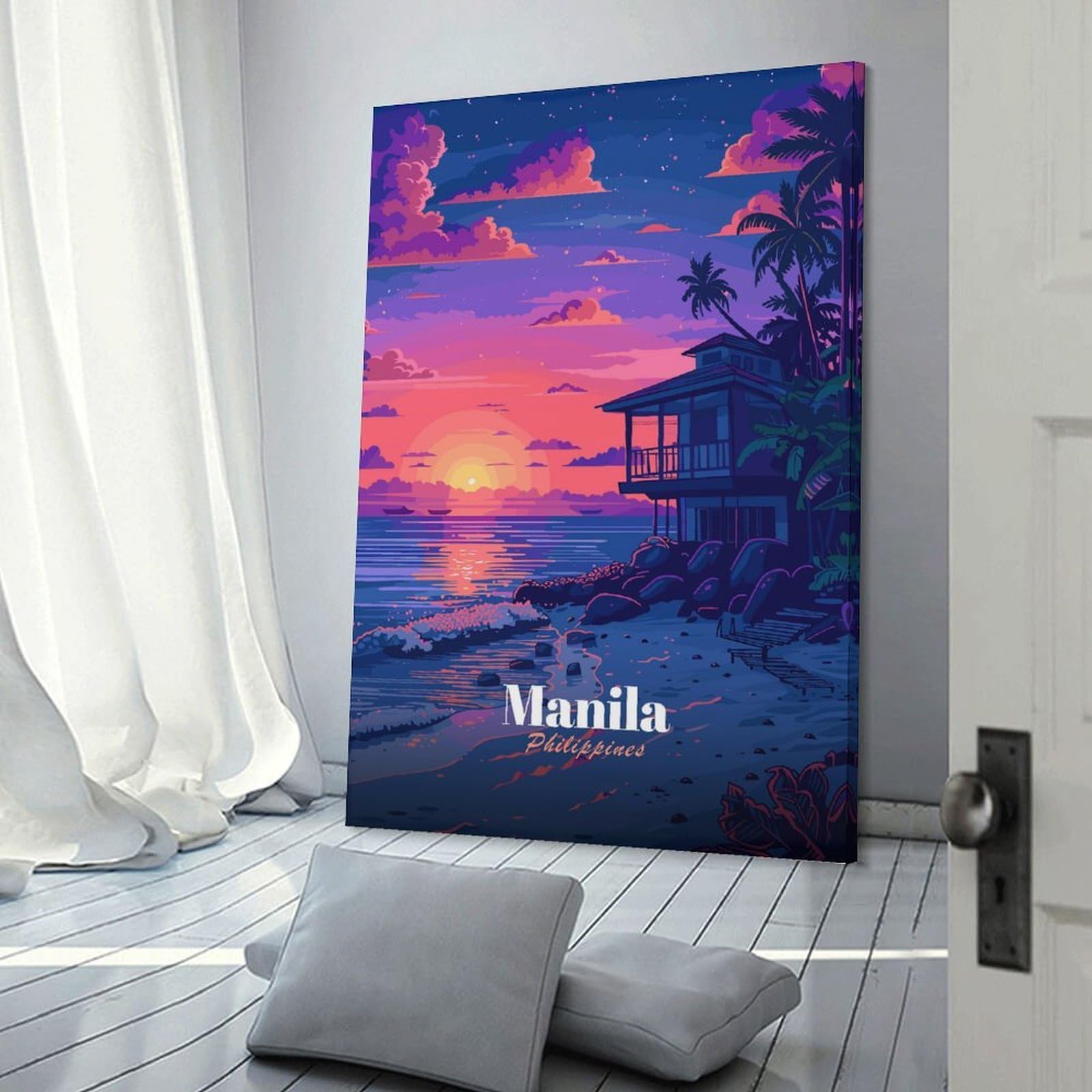 Junmoney Manila Philippines Sunset Beach House Room Decor Wall Art, 20x30inch(50x75cm), for Gallery Wall Decor And Room Displays, Decorative Artwork with Flexible Styling