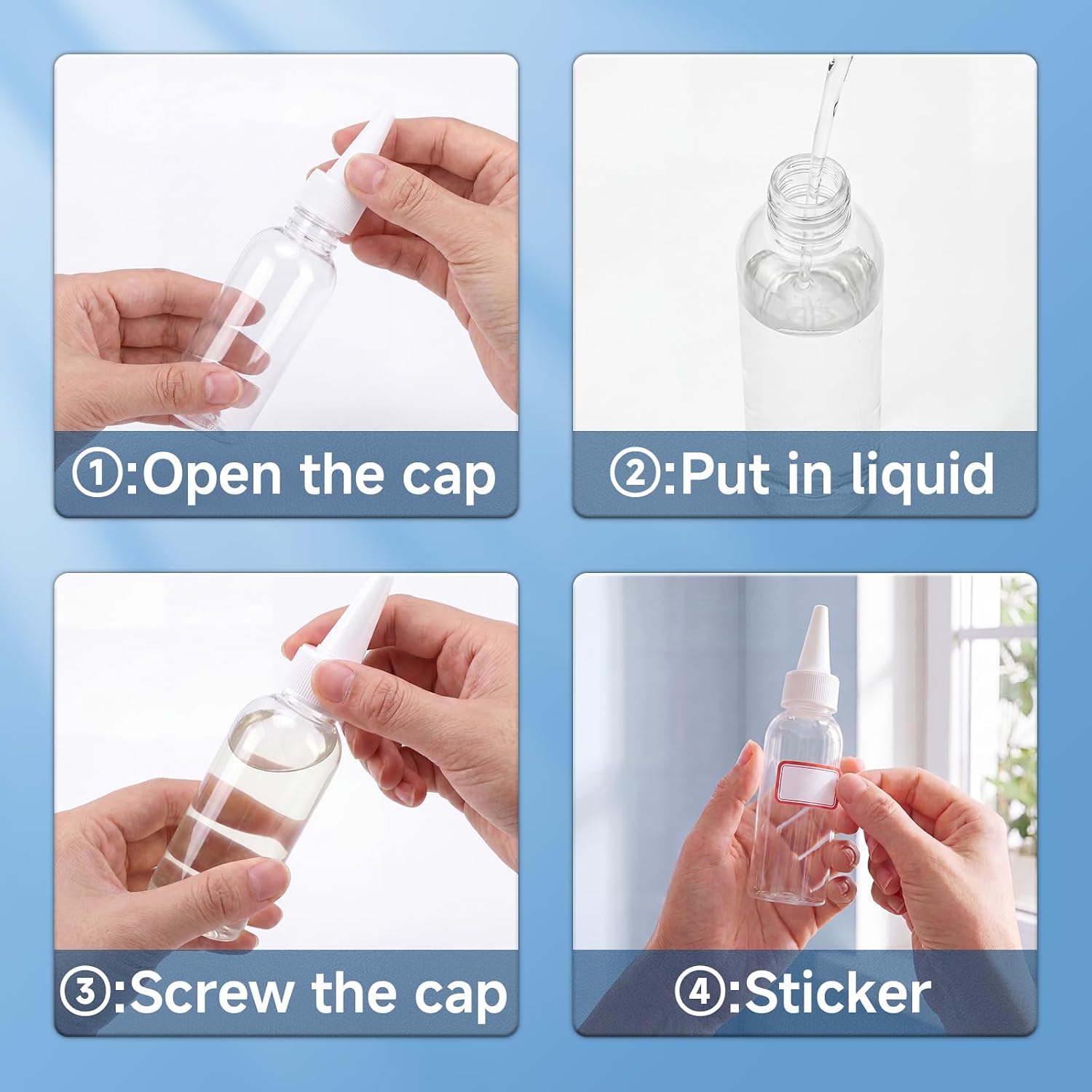TRENDBOX 2oz Clear Plastic Bottles Applicator with Twist Top Cap BPA-Free For Hair Oils and Liquids 48 Pack with 48pcs Labels