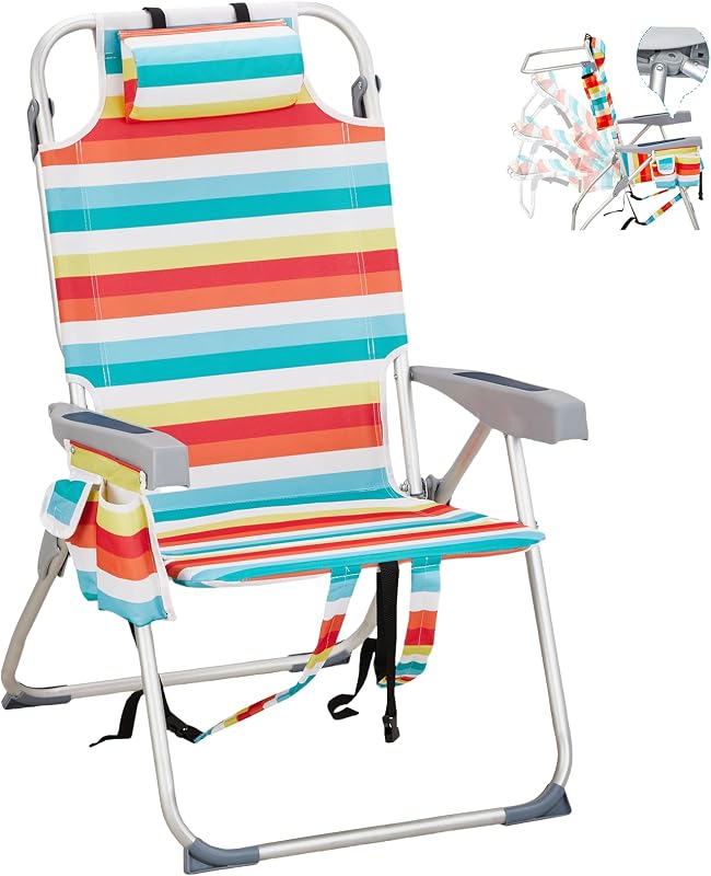 Folding Tall Backpack Beach Chairs for Adults, 5-Positions Adjustable Portable Recliner, Aluminum Frame, Includes Headrest and Cup Holder, for Sunbathing and Outdoor Camping Rainbow Stripes