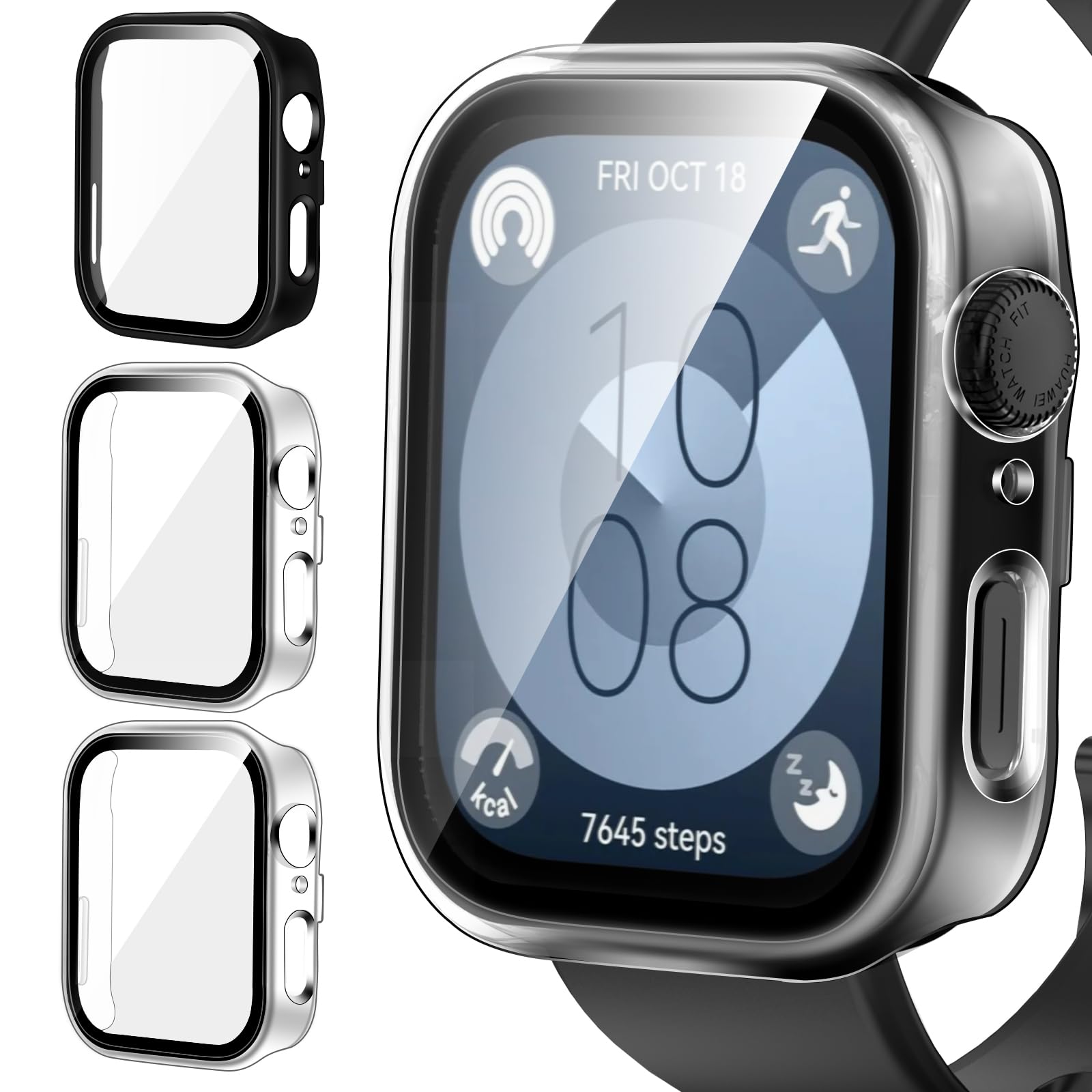 iVoler 3 Pezzi Cover con Vetro Temperato per Honor Band 7 / Band 6 / Huawei Band 7/6, Copertura Completa Custodia Rigida PC, HD Clear Pellicola Protettiva Anti-Graffio Case, 2 Trasparente + 1 Nero