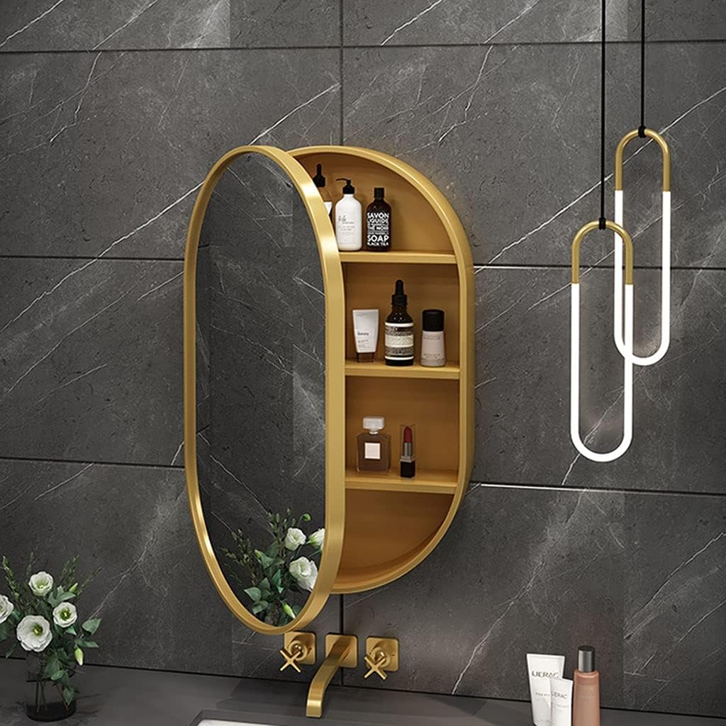 Bathroom Mirror Cabinet, Wall-Mounted Storage Cabinet, Solid Wood Oval Bathroom Mirror Cabinet, Bathroom Vanity Mirror,Gold-50 * 80cm