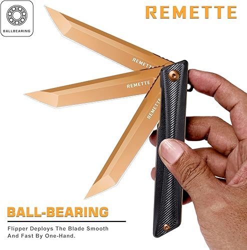 Vista 33 de REMETTE Cuchillo de bolsillo GD22K, Flipper Open D2 Steel Tanto plegable con mango G10 duradero, cuchillo EDC de transporte diario para hombres