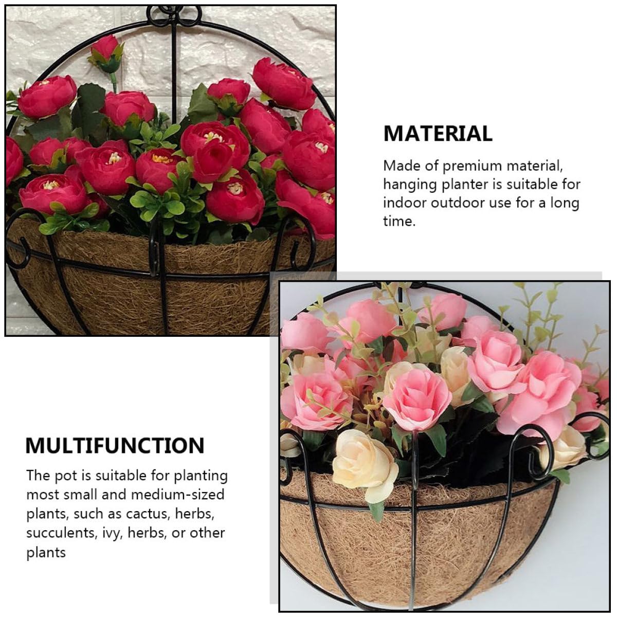 HOMSFOU Fioriere Sospese in Cocco 2 Pezzi Struttura in Ferro, Vasi da Fiori Intrecciati per Decorazioni da Parete, per Interno ed Esterno, Balcone, Giardino e Veranda