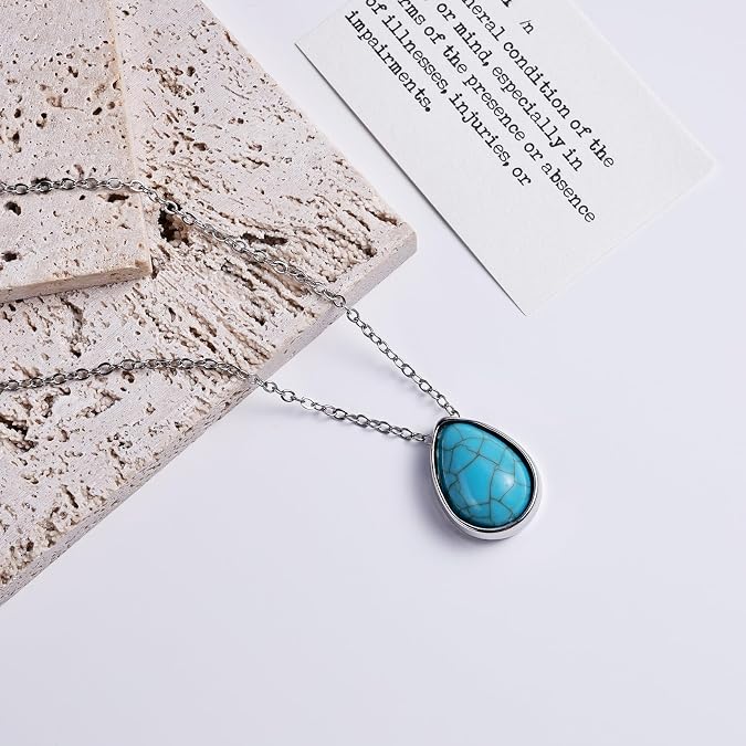 Gemstone Teardrop Necklace for Women Silver Teardrop Tiger Eye Turquoise Blue Necklace with Genuine Stone, Silver Boho Gemstone Jewelry for Gift