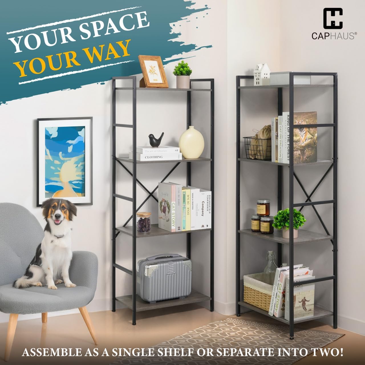 CAPHAUS Triple Column 4 Tier Bookshelf, Industrial Triple Bookcase with 11 Open Display Shelves, Adjustable Wide Shelf for Living Room, Bedroom, Home and Office, Dark Grey