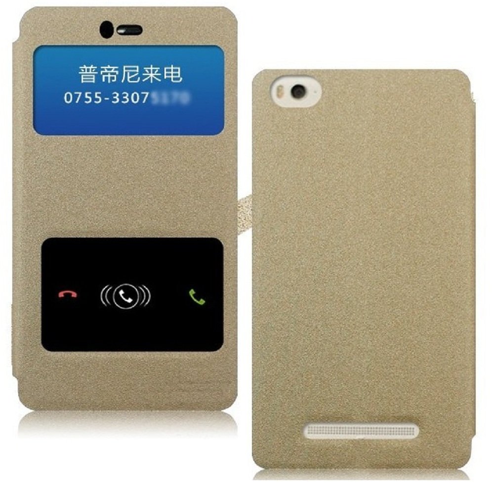 Gold Sand Sparkle Luxury PU Leather Window Flip Stand Back Case Cover for Xiaomi Miui Mi 4i Dual Sim - Hot Gold