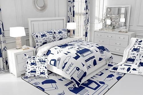 Miniatura 9 de Juego de ropa de cama de construcción, tamaño matrimonial, juego de edredón de camiones para niños y niñas, decoración de caricaturas, automóvil,